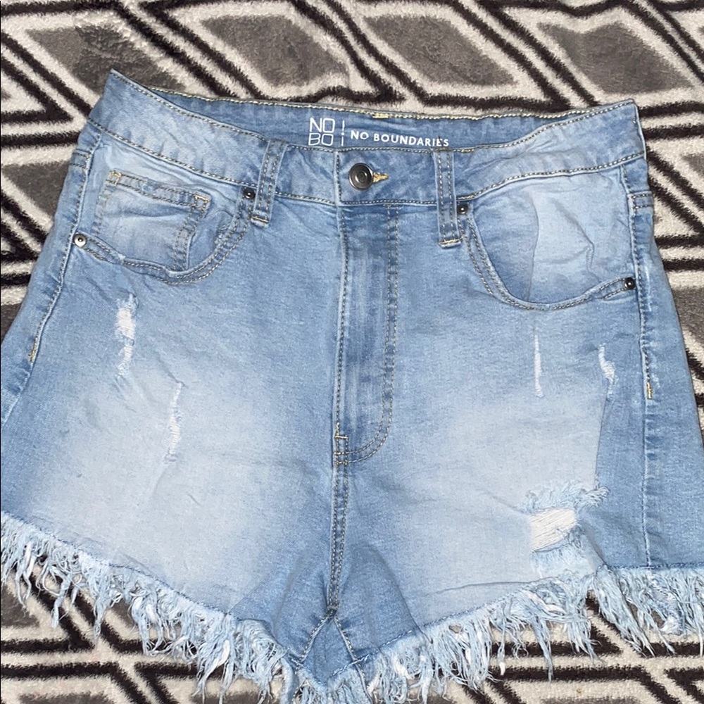 No Boundaries Blue Jean Shorts with Distressed Details and Frayed Hem